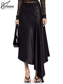 Oymimi Fuste elegante din satin negru, pentru femei, la modă, cu talie mijlocie, fuste asimetrice, ocazional, fustă nouă, cu volane, la jumătatea gambei, îmbrăcăminte de stradă