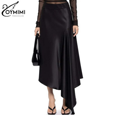 Oymimi Fuste elegante din satin negru, pentru femei, la modă, cu talie mijlocie, fuste asimetrice, ocazional, fustă nouă, cu volane, la jumătatea gambei, îmbrăcăminte de stradă