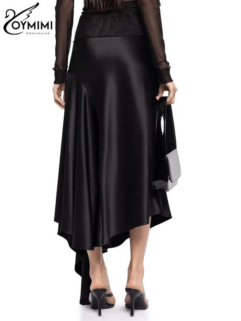 Oymimi Fuste elegante din satin negru, pentru femei, la modă, cu talie mijlocie, fuste asimetrice, ocazional, fustă nouă, cu volane, la jumătatea gambei, îmbrăcăminte de stradă