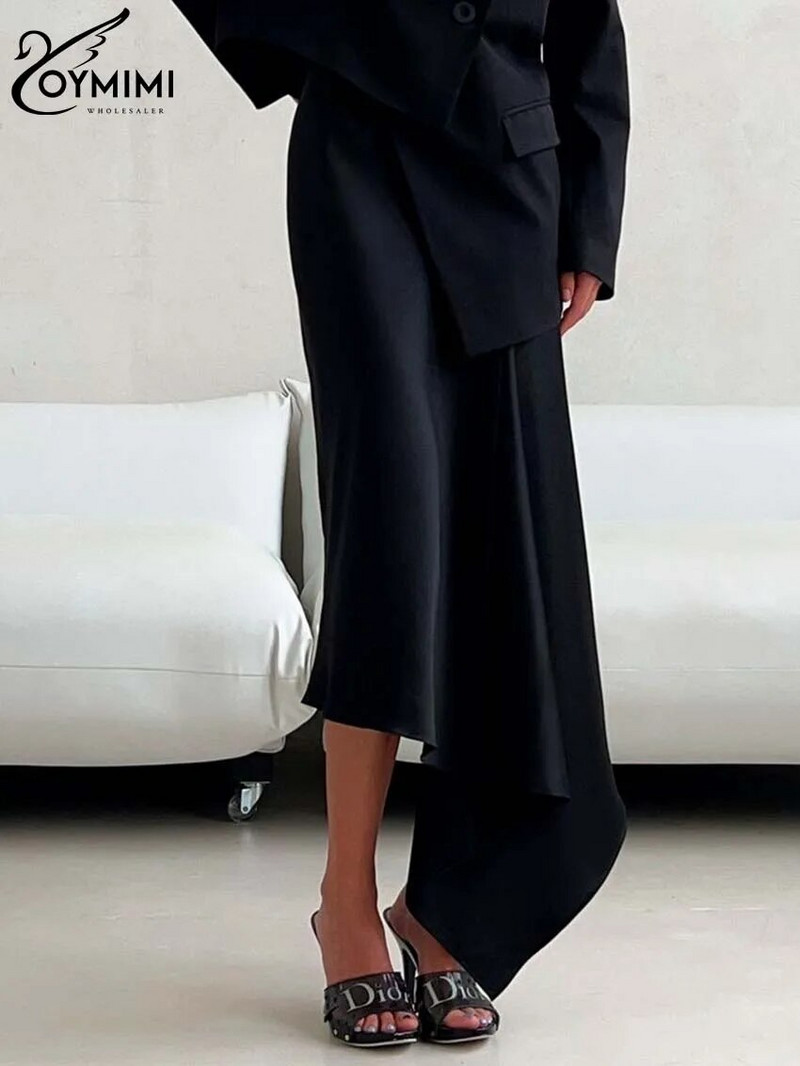 Oymimi Fuste elegante din satin negru, pentru femei, la modă, cu talie mijlocie, fuste asimetrice, ocazional, fustă nouă, cu volane, la jumătatea gambei, îmbrăcăminte de stradă