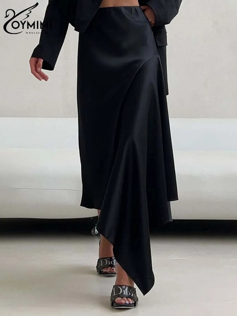 Oymimi Fuste elegante din satin negru, pentru femei, la modă, cu talie mijlocie, fuste asimetrice, ocazional, fustă nouă, cu volane, la jumătatea gambei, îmbrăcăminte de stradă