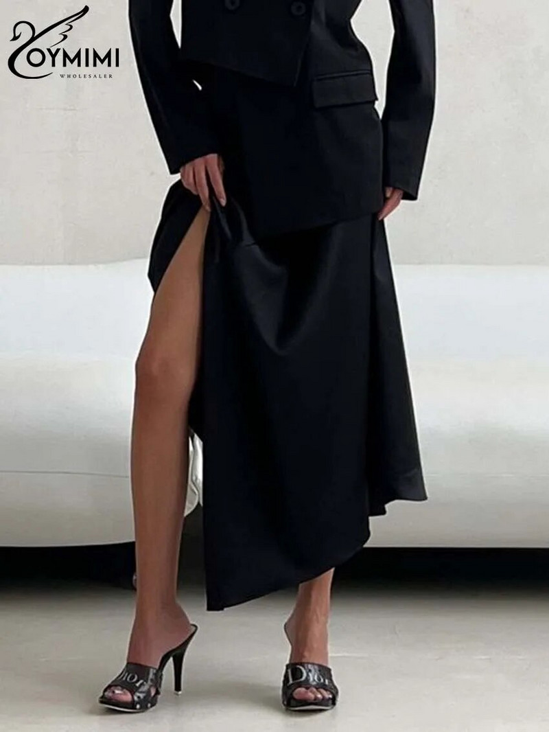 Oymimi Fuste elegante din satin negru, pentru femei, la modă, cu talie mijlocie, fuste asimetrice, ocazional, fustă nouă, cu volane, la jumătatea gambei, îmbrăcăminte de stradă