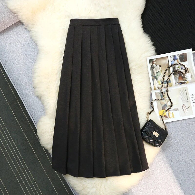 Korejske modne duge suknje u elegantnom stilu Ženske a-kroja Visoki struk Ženske plisirane suknje Elegantna Faldas Ajustadas suknja Dropship