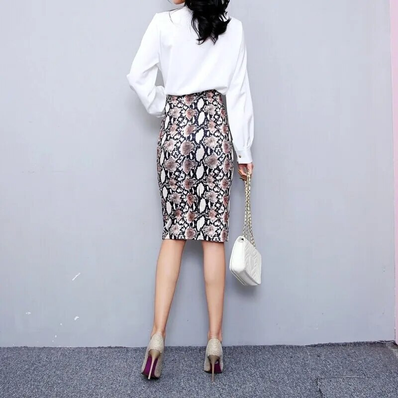 Ženske modne elastične pencil suknje visokog struka Midi suknja Ženska midi suknja sa zmijolikim printom