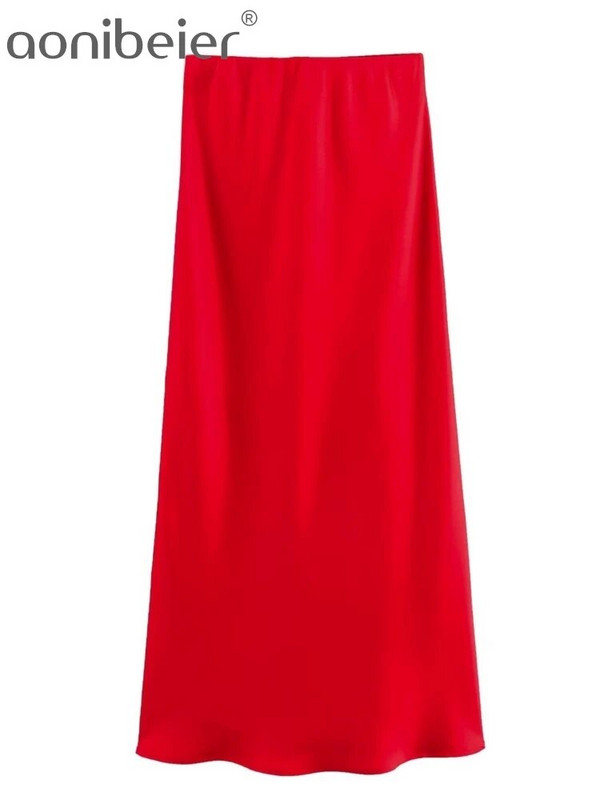 Aonibeier Y2K vörös szatén női hosszú szoknya Traf 2024 tavaszi rugalmas, magas derekú A-vonalú alkalmi irodai elegáns női maxi szoknyák