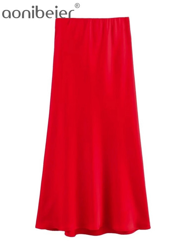 Aonibeier Y2K vörös szatén női hosszú szoknya Traf 2024 tavaszi rugalmas, magas derekú A-vonalú alkalmi irodai elegáns női maxi szoknyák
