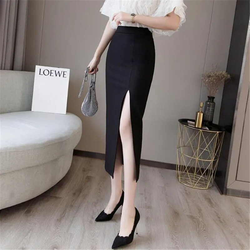 High Wasit Biroja svārki sarkani melni atvērti šķēlumi ikdienas sieviešu svārki gari Faldas Largas Mujer Kobieta Spódnice Femme Jupes