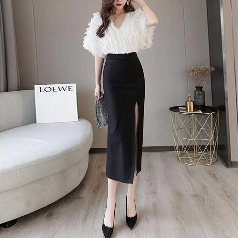 High Wasit Biroja svārki sarkani melni atvērti šķēlumi ikdienas sieviešu svārki gari Faldas Largas Mujer Kobieta Spódnice Femme Jupes