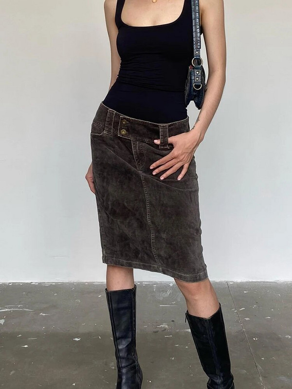 Rockmore Vintage farmer Egyenes szoknya nőknek Alacsony derékú Y2K Retro alkalmi utcai viselet Térdig érő Midi szoknya Harajuku koreai