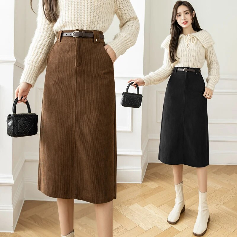 Nova 2024. zimska suknja od samta za žene s remenom Korejska modna midi suknja visokog struka crno smeđa ili kaki A kroja faldas mujer