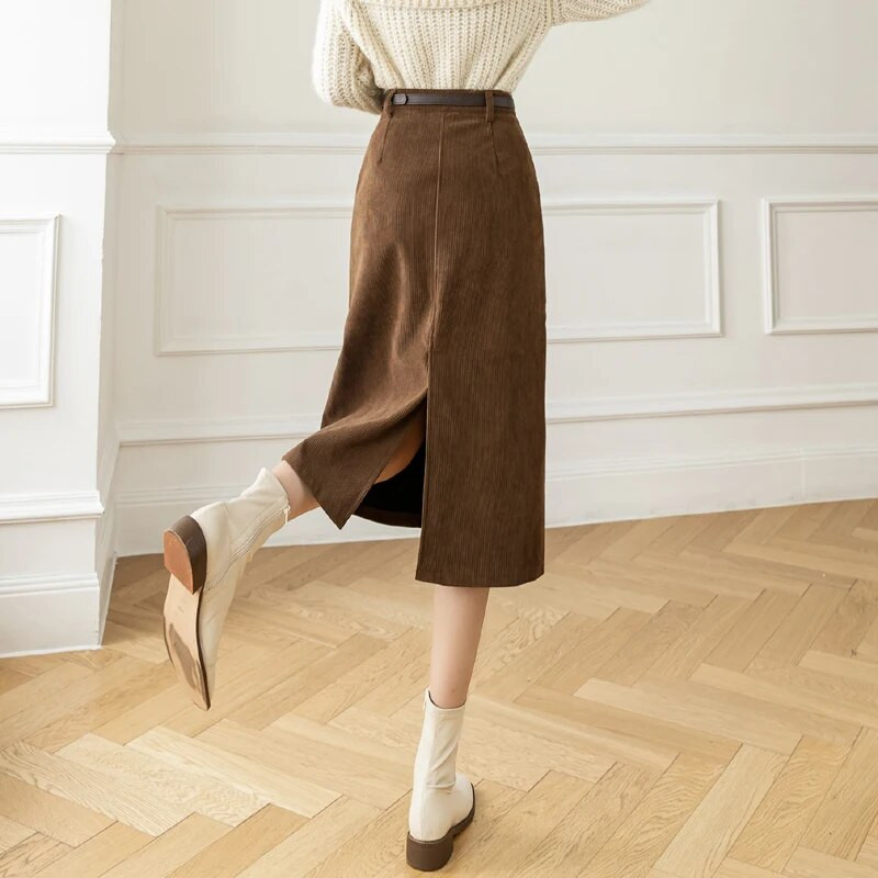 Nova 2024. zimska suknja od samta za žene s remenom Korejska modna midi suknja visokog struka crno smeđa ili kaki A kroja faldas mujer