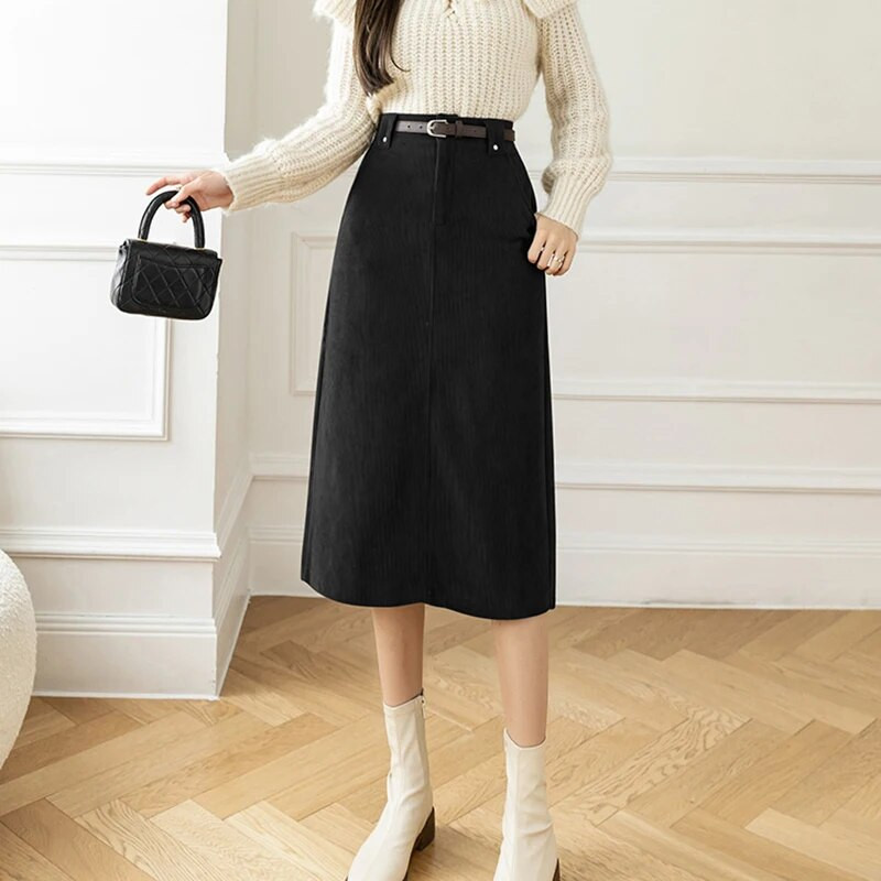 Nova 2024. zimska suknja od samta za žene s remenom Korejska modna midi suknja visokog struka crno smeđa ili kaki A kroja faldas mujer