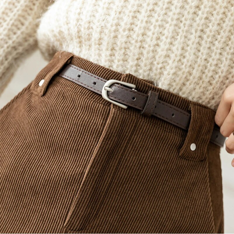 Nova 2024. zimska suknja od samta za žene s remenom Korejska modna midi suknja visokog struka crno smeđa ili kaki A kroja faldas mujer