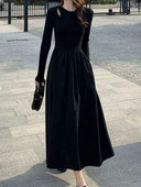 QWEEK rochie midi neagră tricotată vintage pentru femei, retro, birou, pentru doamne, rochii casual cu mânecă lungă, toamnă, moda coreeană 2024