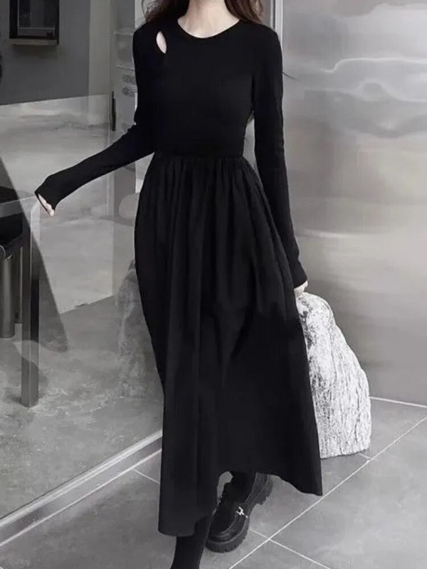 QWEEK rochie midi neagră tricotată vintage pentru femei, retro, birou, pentru doamne, rochii casual cu mânecă lungă, toamnă, moda coreeană 2024