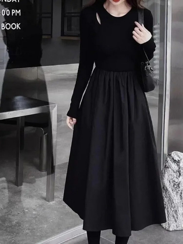 QWEEK rochie midi neagră tricotată vintage pentru femei, retro, birou, pentru doamne, rochii casual cu mânecă lungă, toamnă, moda coreeană 2024