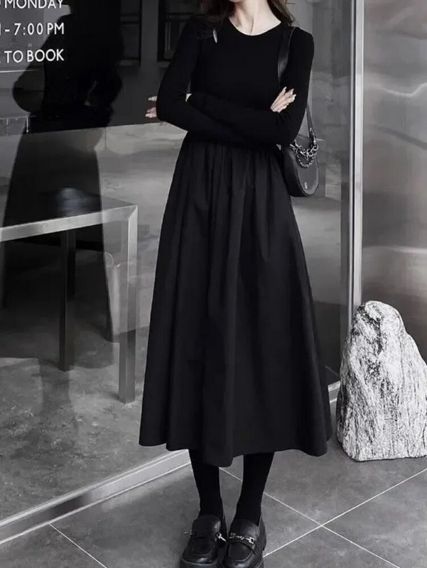 QWEEK rochie midi neagră tricotată vintage pentru femei, retro, birou, pentru doamne, rochii casual cu mânecă lungă, toamnă, moda coreeană 2024