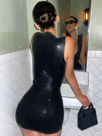 Αμάνικο Βαθύ λαιμόκοψη V-λαιμόκοψη Vestido Wet Look PVC Φόρεμα γυαλιστερό PU Δερμάτινο Φορέματα Καμισόλ Καλσόν Πακέτο Hip Minifalda Sexy Sundress