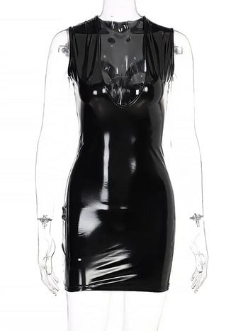 Αμάνικο Βαθύ λαιμόκοψη V-λαιμόκοψη Vestido Wet Look PVC Φόρεμα γυαλιστερό PU Δερμάτινο Φορέματα Καμισόλ Καλσόν Πακέτο Hip Minifalda Sexy Sundress