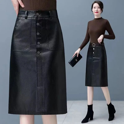 Jesen Zima Kožna suknja Ženska modna elegantna PU duga midi suknja velikih veličina Ženska suknja visokog struka s podijeljenim paketom 5XL