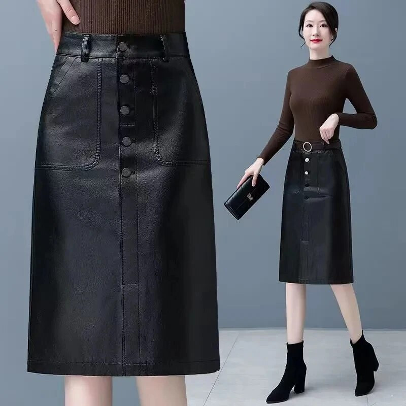 Jesen Zima Kožna suknja Ženska modna elegantna PU duga midi suknja velikih veličina Ženska suknja visokog struka s podijeljenim paketom 5XL