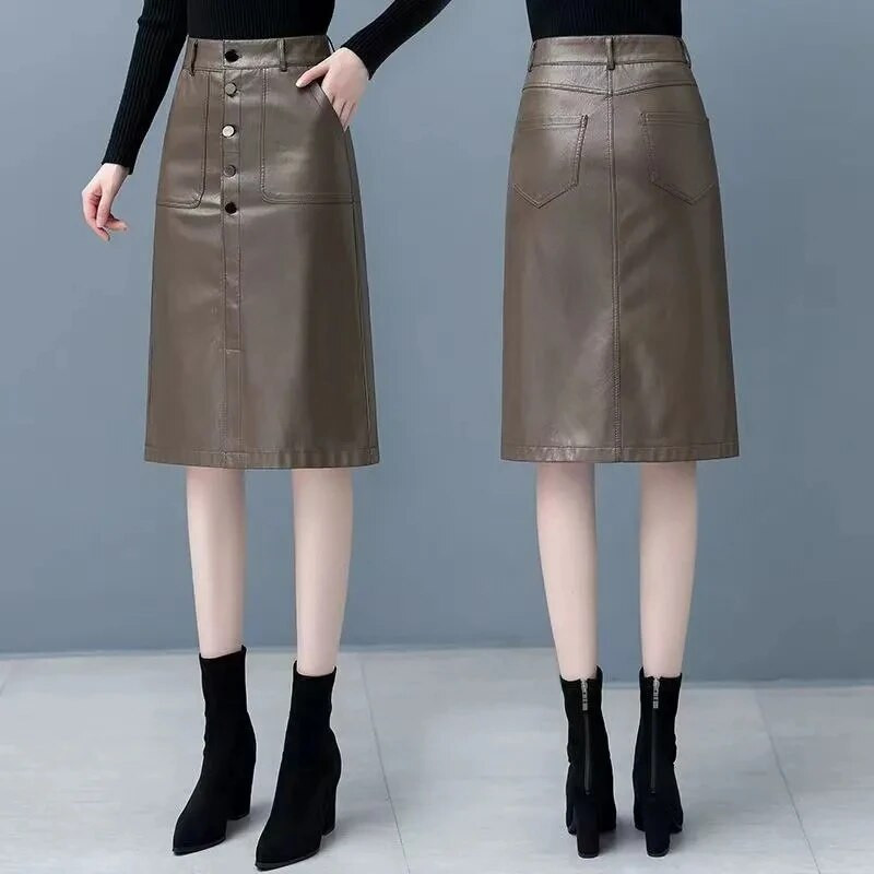 Jesen Zima Kožna suknja Ženska modna elegantna PU duga midi suknja velikih veličina Ženska suknja visokog struka s podijeljenim paketom 5XL