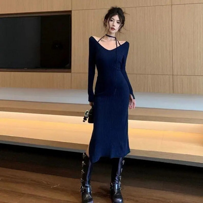 Rochie de pulover tricotată subțire, neagră, fără umeri, femei, toamnă, iarnă, albastru, cu decolteu în V, elegante, rochii lungi pentru petrecere de seară șic