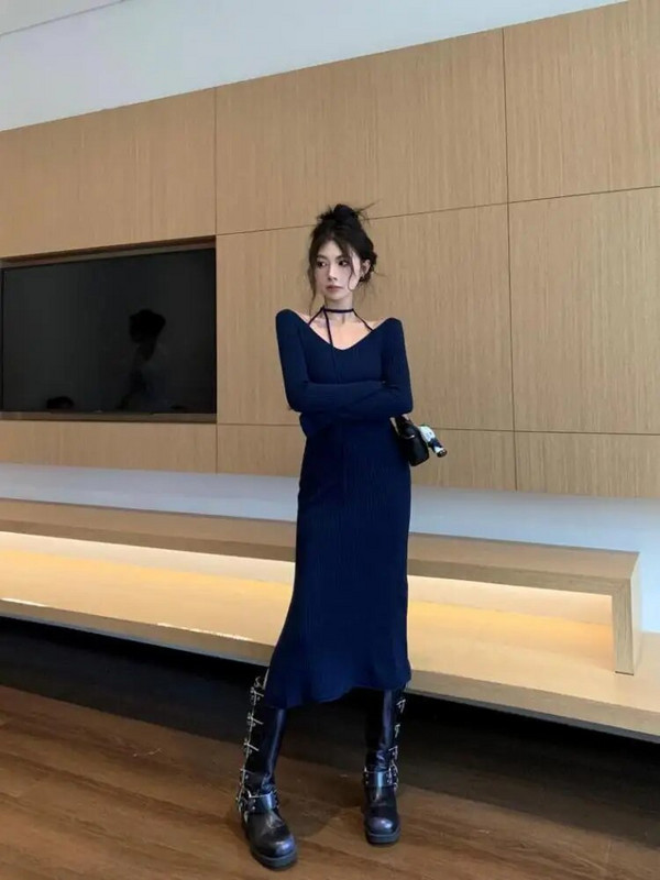 Rochie de pulover tricotată subțire, neagră, fără umeri, femei, toamnă, iarnă, albastru, cu decolteu în V, elegante, rochii lungi pentru petrecere de seară șic