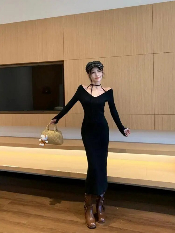 Rochie de pulover tricotată subțire, neagră, fără umeri, femei, toamnă, iarnă, albastru, cu decolteu în V, elegante, rochii lungi pentru petrecere de seară șic