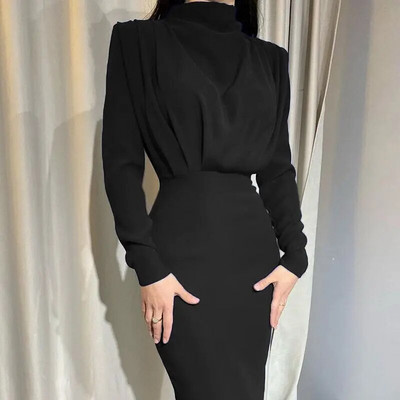 Rochie maxi elegantă pentru femei 2023, toamnă iarnă, modă cu mâneci lungi, cu mâneci lungi, pliuri solide, rochii subțiri, rochie de petrecere pentru doamnă de birou