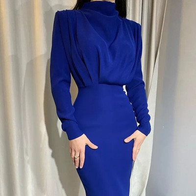 Rochie maxi elegantă pentru femei 2023, toamnă iarnă, modă cu mâneci lungi, cu mâneci lungi, pliuri solide, rochii subțiri, rochie de petrecere pentru doamnă de birou