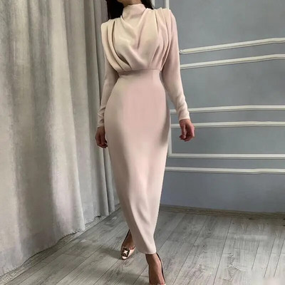 Rochie maxi elegantă pentru femei 2023, toamnă iarnă, modă cu mâneci lungi, cu mâneci lungi, pliuri solide, rochii subțiri, rochie de petrecere pentru doamnă de birou