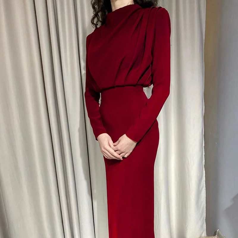 Rochie maxi elegantă pentru femei 2023, toamnă iarnă, modă cu mâneci lungi, cu mâneci lungi, pliuri solide, rochii subțiri, rochie de petrecere pentru doamnă de birou