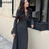 Őszi, téli koreai stílusú temperamentumos, karcsúsított, V-nyakú kötött női ruhák, masszív, divatos, hétköznapi, egyszerű Ins Y2k