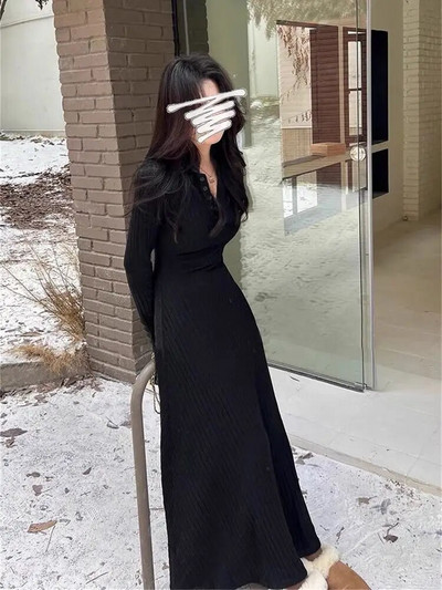 Őszi, téli koreai stílusú temperamentumos, karcsúsított, V-nyakú kötött női ruhák, masszív, divatos, hétköznapi, egyszerű Ins Y2k