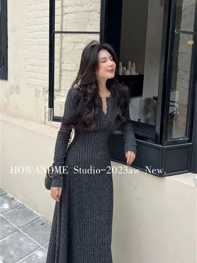 Őszi, téli koreai stílusú temperamentumos, karcsúsított, V-nyakú kötött női ruhák, masszív, divatos, hétköznapi, egyszerű Ins Y2k