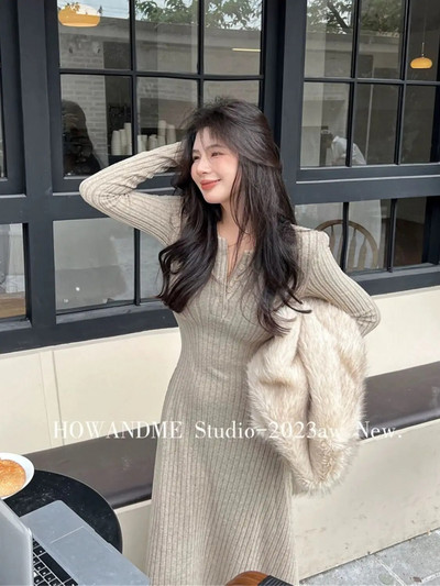 Őszi, téli koreai stílusú temperamentumos, karcsúsított, V-nyakú kötött női ruhák, masszív, divatos, hétköznapi, egyszerű Ins Y2k