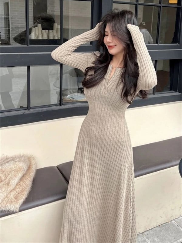 Őszi, téli koreai stílusú temperamentumos, karcsúsított, V-nyakú kötött női ruhák, masszív, divatos, hétköznapi, egyszerű Ins Y2k