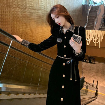 GkyocQ Vestido De Mujer Колан с висока талия Рокля с дълъг ръкав Пачуърк Черни рокли Есен 2023 Нови корейски шик дамски дрехи