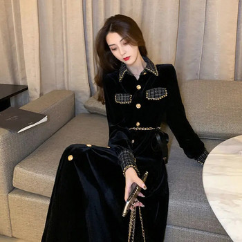 GkyocQ Vestido De Mujer Колан с висока талия Рокля с дълъг ръкав Пачуърк Черни рокли Есен 2023 Нови корейски шик дамски дрехи