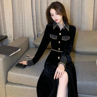 GkyocQ Vestido De Mujer Remen s visokim strukom Haljina dugih rukava Patchwork crne haljine Jesen 2023 Nova korejska šik ženska odjeća