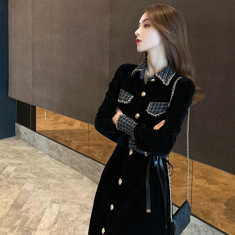 GkyocQ Vestido De Mujer Remen s visokim strukom Haljina dugih rukava Patchwork crne haljine Jesen 2023 Nova korejska šik ženska odjeća