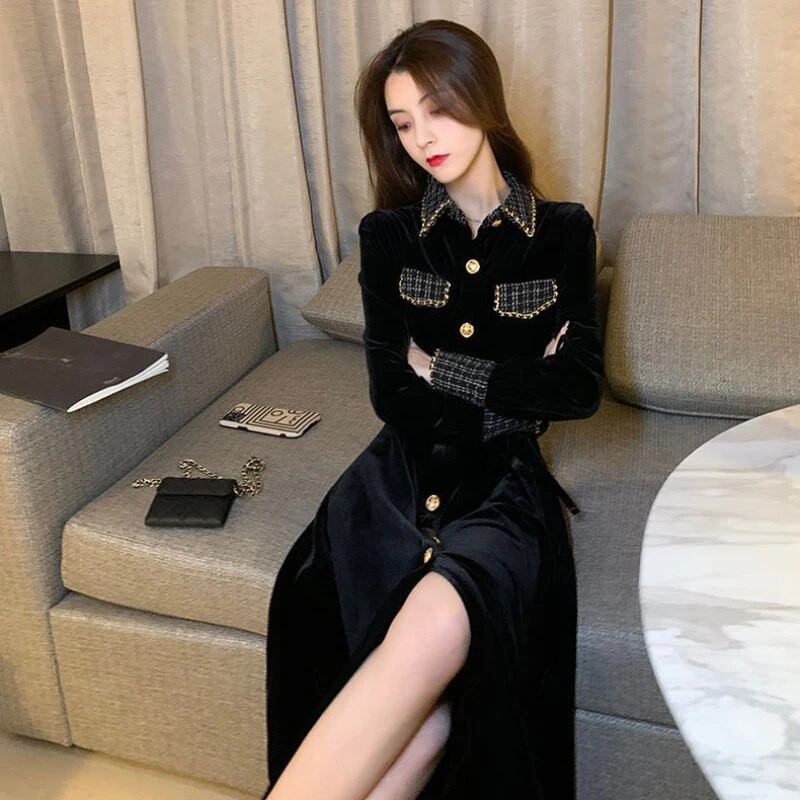 GkyocQ Vestido De Mujer Remen s visokim strukom Haljina dugih rukava Patchwork crne haljine Jesen 2023 Nova korejska šik ženska odjeća