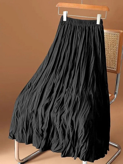 Ψηλόμεση Γυναικείες πλισέ φούστες A Line Κορεατική μόδα Διπλώνει μακριά φούστα Κομψές μασίφ μαύρες γυναικείες φούστες Νέα
