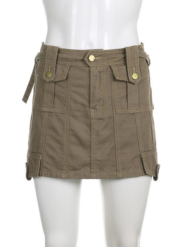 IAMHOTTY Grunge y2k Cargo džinsinis sijonas chaki spalvos aukštu juosmeniu vintažinės kelių kišenių tiesios laisvalaikio džinsiniai sijonai korėjietiško stiliaus gatvės drabužiai