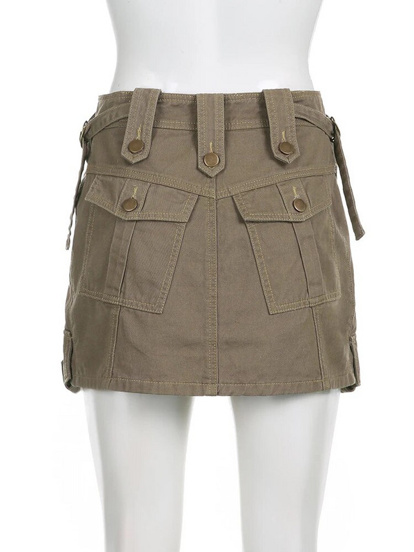 IAMHOTTY Grunge y2k Cargo džinsinis sijonas chaki spalvos aukštu juosmeniu vintažinės kelių kišenių tiesios laisvalaikio džinsiniai sijonai korėjietiško stiliaus gatvės drabužiai