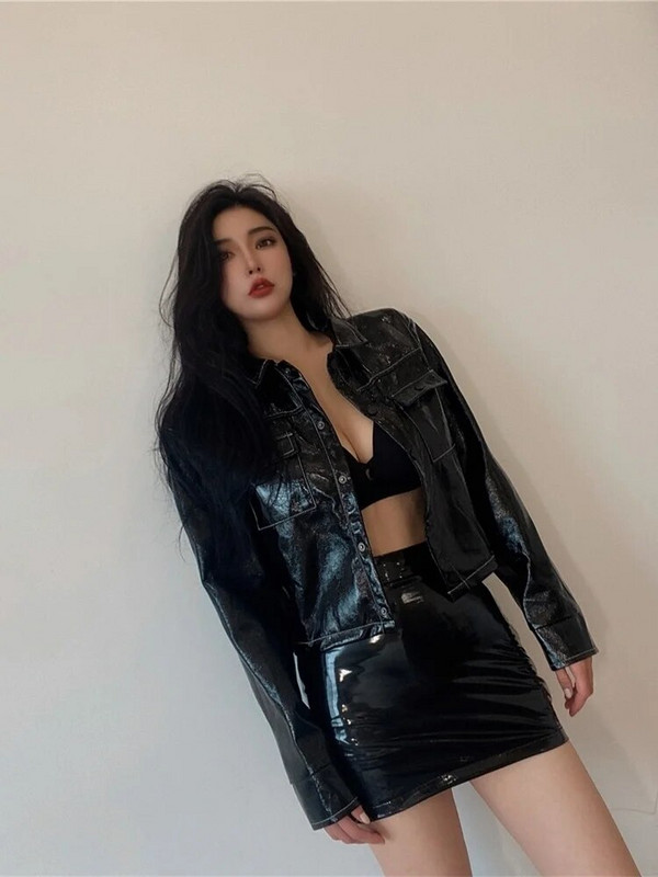 2023 Jesen, slatka, zimska crna seksi uska kožna mini suknja visokog struka, reflektirajuća PU vruća seksi korejska ženska slatka 9SVK