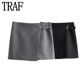 TRAF Ασύμμετρη Μίνι Φούστα Γυναικεία Σορτς Γκρι Μαύρη Ψηλόμεση Φούστα Γυναικεία Μόδα Wrap Skorts για Γυναικείες Κομψές κοντές φούστες