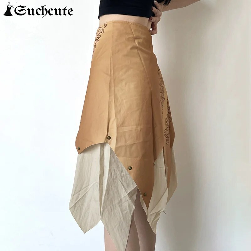 SUCHCUTE One Piece 90-ųjų Vintažiniai gėlių raštai Midi ilgas sijonas moterims aukštu juosmeniu Y2K Grunge Harajuku šventiniai sijonai