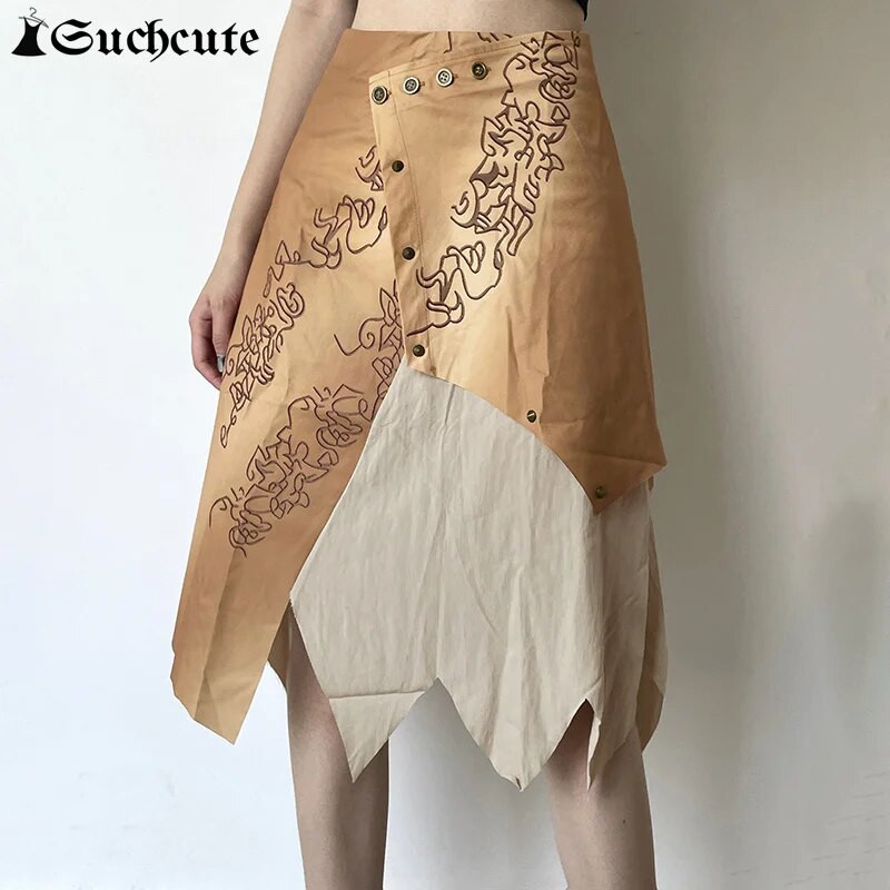 SUCHCUTE One Piece 90-ųjų Vintažiniai gėlių raštai Midi ilgas sijonas moterims aukštu juosmeniu Y2K Grunge Harajuku šventiniai sijonai